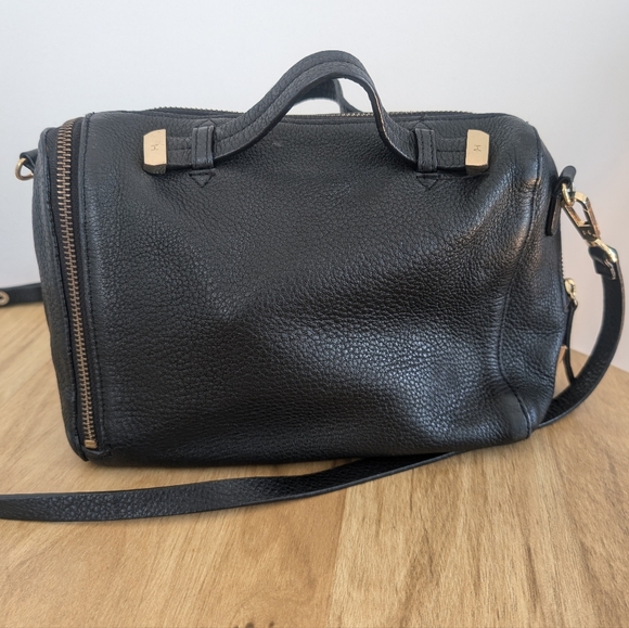 Halston Heritage Baby Pebbled Satchel Bag - Black Leather with Gold Accents - Picture 11 of 16